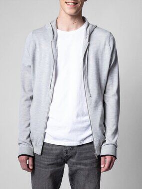 NWT $348 Zadig & Voltaire Clash Light Gray Wool Zip-Up Hood Knit Cardigan M